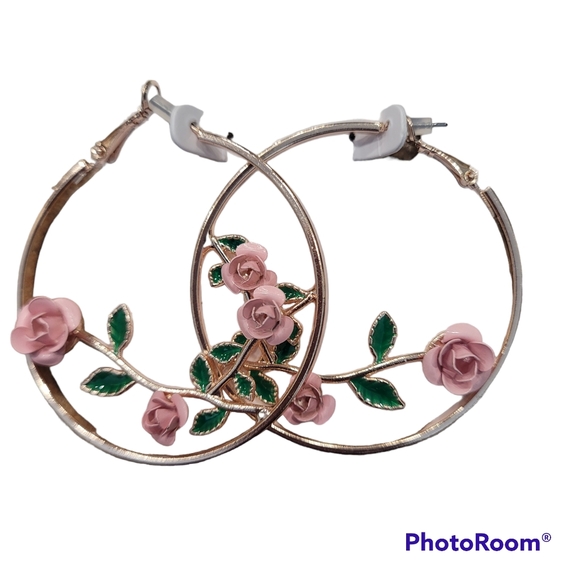 Source Unknown Jewelry - Gold hoop earrings with two stemmed pink roses in the middle.  Nickle fr…